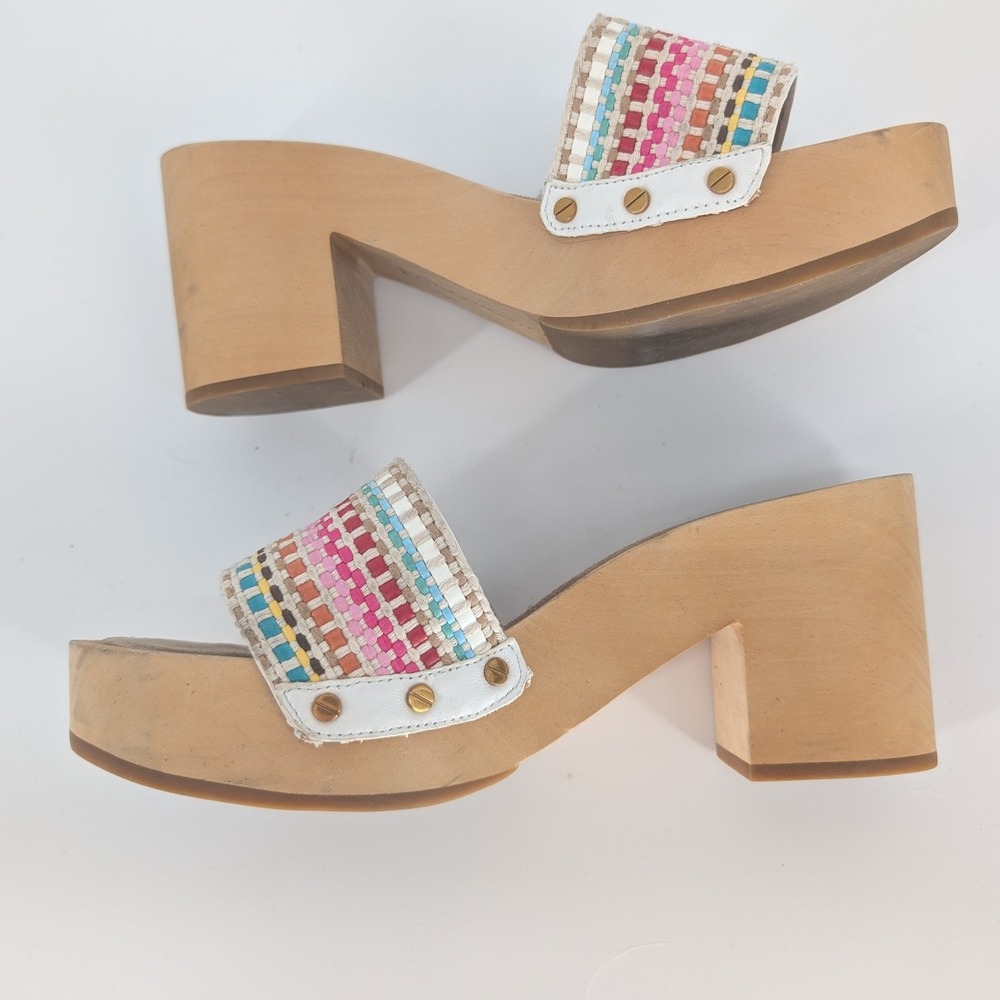Veronica Beard Hannalee Woven Clog Mule Women 9.5M Snow Multi Rainbow Wood Heel - Picture 5 of 13